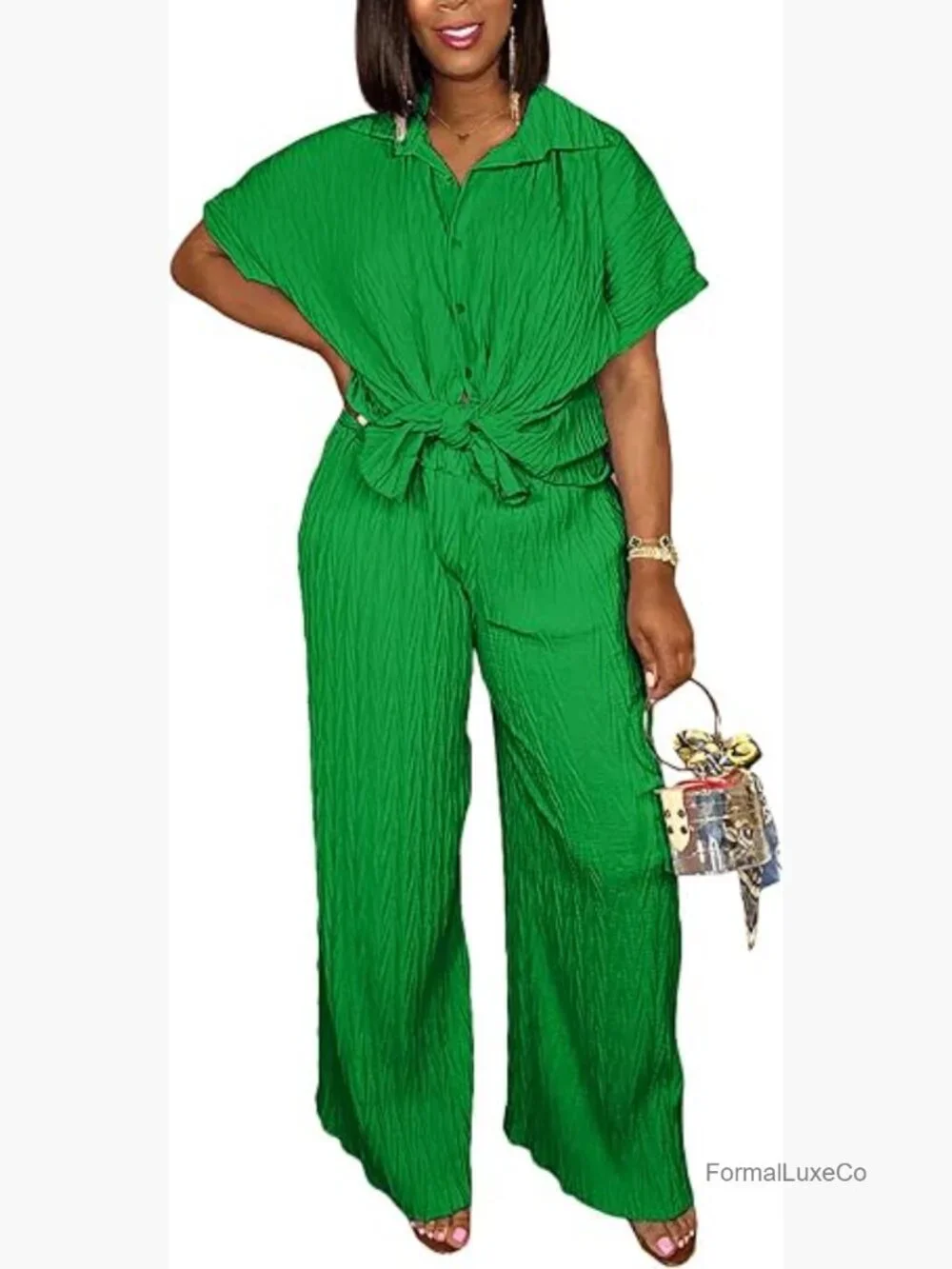 Two Piece Set: Button Down Shirt and Wide Leg Pants Matching Set